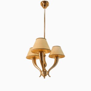 Brass Chandelier with Parchment Lampshades