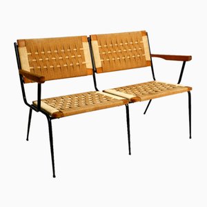 Mid-Century Italian 2 Seater Bench Made of Iron Frame and Rush Wickerwork by Giuseppe Pagano Pogatschnig, 1950s