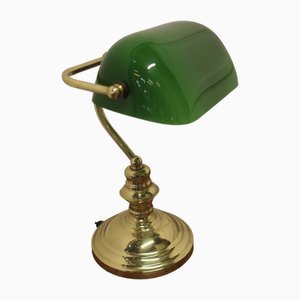 Bankers Desk Lamp in Brass and Green Glass, 1970s