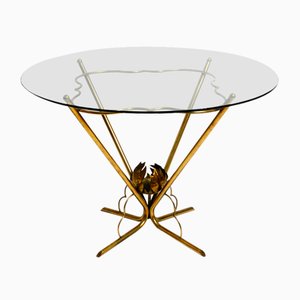 Mid-Century Italian Round Floral Side Table in Glass and Brass, 1950s