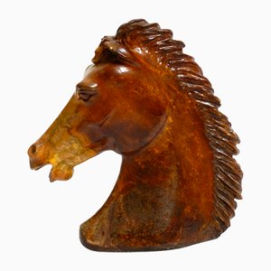 Large Horse Head Sculpture in Brown Soapstone, 1960s