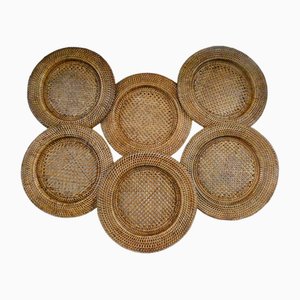 Vintage French Rattan Plates, 1970s, Set of 6