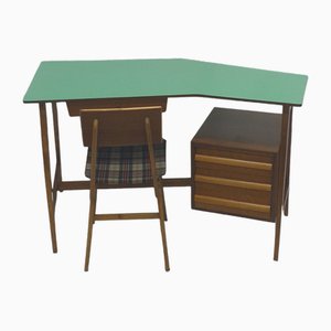 Scrivania e sedie vintage in laminato verde, anni '50, set di 2