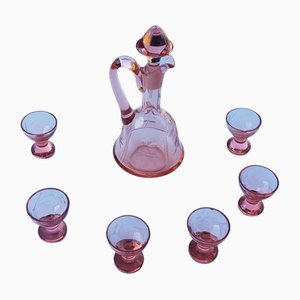 Art Nouveau Pink Crystal Glass Decanter with 6 Glasses, 1910s, Set of 7
