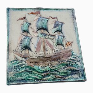 German Hand-Crafted Ceramic Wall Panel with Ship by Karlsruher Majolika, 1960s