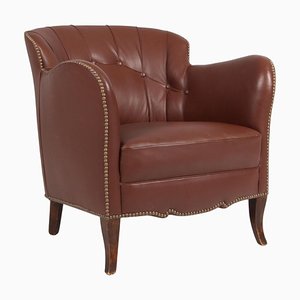 Danish Club Chair in Brown Leather, 1940s