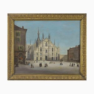 Duomo of Milan with Peasants, Oil Painting, 18th Century, Framed