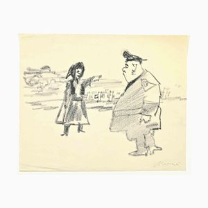 Mino Maccari, Police et Femme, Dessin au Crayon, 1945