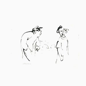 Mino Maccari, Lovers in Wind, Ink Drawing, 1960s