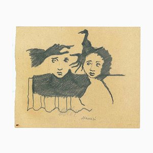 Mino Maccari, Visages avec Mains Noires, Dessin au Crayon, 1950s