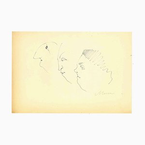 Mino Maccari, Profiles, Ink Drawing, 1960s