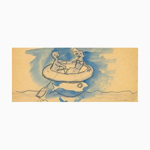 Mino Maccari, Lovers in Boat, dibujo a lápiz y acuarela, años 60