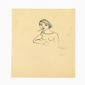 Mino Maccari, Smoking Woman, Ink Drawing, 1955