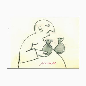 Mino Maccari, The Cashier, dibujo a lápiz y acuarela, años 70