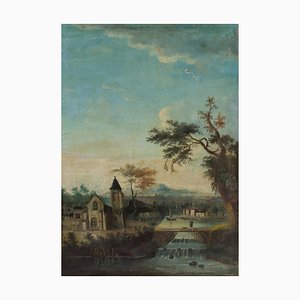 Artista francés, Paisaje con río, Finales del siglo XVIII, Pintura al óleo