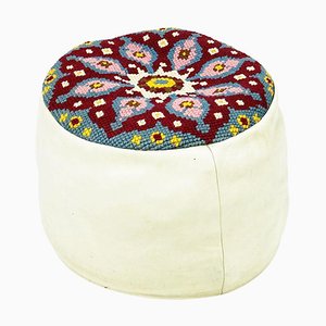 Embroidered Seat Pouf in White Leather, 1960s