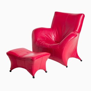 Fauteuil en Cuir Bordeaux avec Ottomane, 1980s, Set de 2