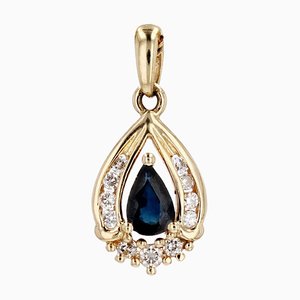 French Modern 18 Karat Yellow Gold Drop Pendant with Sapphire and Diamonds