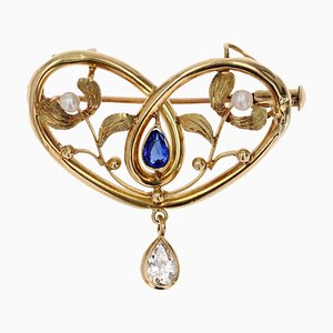 French 18 Karat Yellow Gold Brooch Pendant with Pearl and Blue Stone, 1890s
