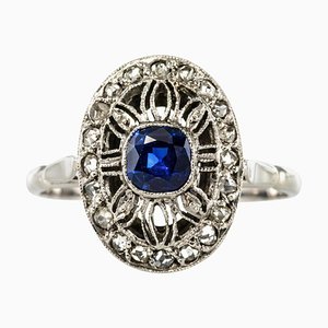 Art Deco French Diamond Sapphires Platinum Ring, 1930s