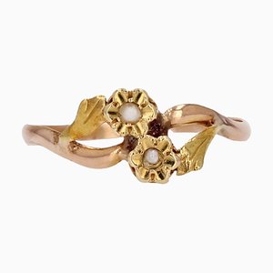 20. Jh. Französischer 18 Karat Gelbgold Ring You and Me mit feinen Perlen, 1890er