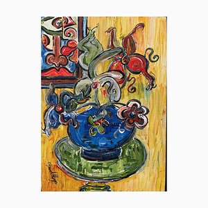 David Harper, Chinesisches Blaues Vasenstillleben, 2023, Acryl an Bord