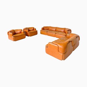 Confidential Seating Set in Cognac Leather by Alberto Rosselli for Saporiti, Italy, 1970s, Set of 4