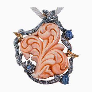 Coral, Sapphires, Diamonds, 14 Karat Rose Gold and Silver Brooch