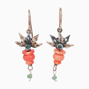 Coral, Emeralds, Diamonds, Rose Gold and Silver Earrings, 1950s, Set of 2