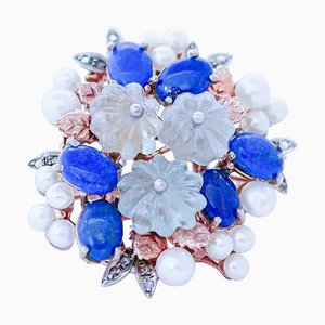 Aquamarine, Lapis, Pearls, Diamonds, Rose Gold and Silver Ring