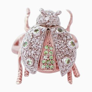 Anello alla moda con coccinella Tsavorites, diamanti, oro rosa e argento