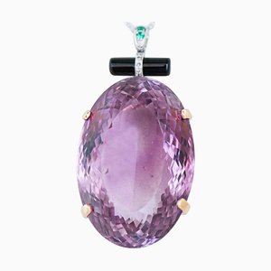 Amethyst, Diamonds, Tsavorite, Onyx, 14 Kt White and Rose Gold Pendant Necklace, 1970s