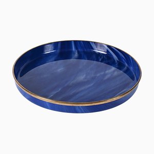 Mid-Century Round Serving Tray in Blue Acrylic Glass and Brass, Italy, 1980s