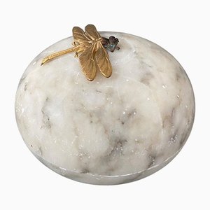 Ball-Shaped Box in Alabaster Surmounted by Golden Dragonfly, 1900s