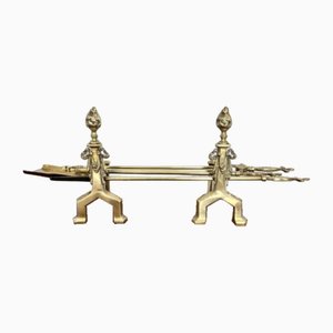 Victorian Brass Fire Irons and Fire Dogs, 1860s, Set of 5