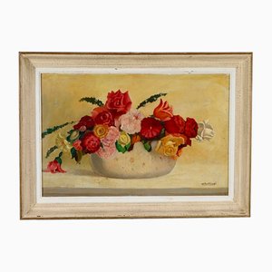 Obligi, Grande Nature Morte au Bouquet de Fleurs, Début du 20ème Siècle, Huile sur Panneau, Encadrée