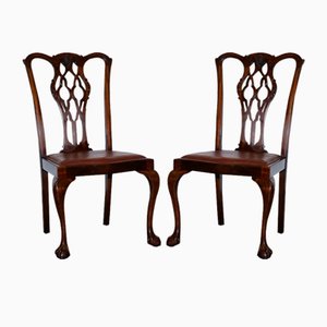 Chippendale Style Claw & Ball Side Dining Desk Chairs in Leather, Set of 2
