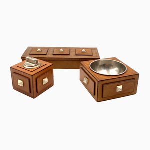 Smoking Set with Ashtray, Table Lighter and Cigars Box in Parchment, Wood and Brass, France, 1950s, Set of 3