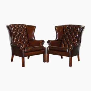 Georgian Style Hand Dyed Brown Leather Wingback Chairs, Set of 2