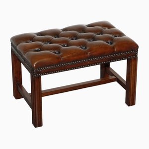 Vintage Chesterfield Hand-Dyed Brown Leather Tuffed Footstool