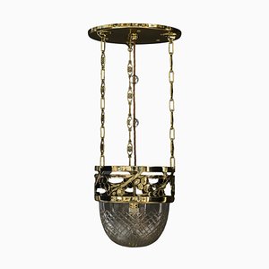 Antique Hanging Lamp in Brass and Glass, 1908