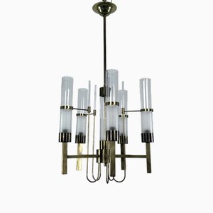 5-Arm Brass and Glass Tube Chandelier from Sciolari, Italy, 1960s