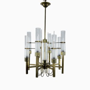 8-Arm Brass and Glass Tube Chandelier from Sciolari, Italy, 1960s