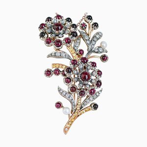 Rose Gold and Silver Brooch with Garnets, Sapphires, Diamonds and Pearl, 1960s