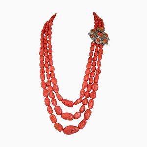 Collar de oro rosa y plata con coral, rubíes y diamantes, años 50