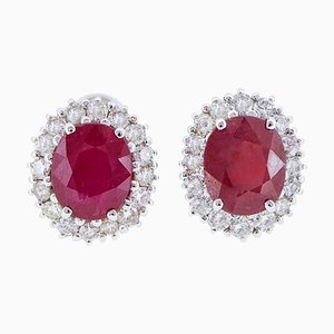 14 Karat White Gold and Platinum Earrings with Rubies and Diamonds, 1980s, Set of 2