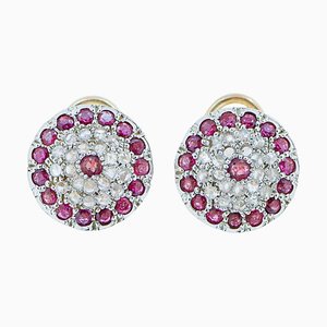 Rose Gold and Silver Earrings with Rubies and Diamonds, Set of 2