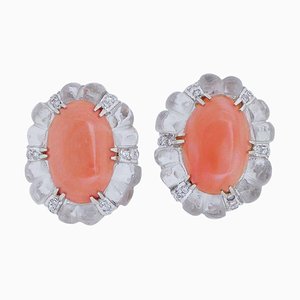 14 Karat White Gold Earrings with Rock Crystal, Coral and Diamonds, 1950s, Set of 2