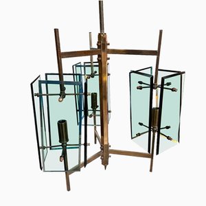 Mid-Century Italian Modern Brass and Green Glass Chandelier from Cristal Arte, 1970s