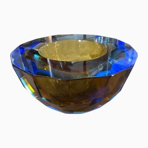 Modernist Round Blue and Brown Faceted Murano Glass Bowl attributed to Mandruzzato, 1970s